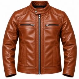 Men's brown leather jacket with stand collar, front zipper and multiple zip pockets