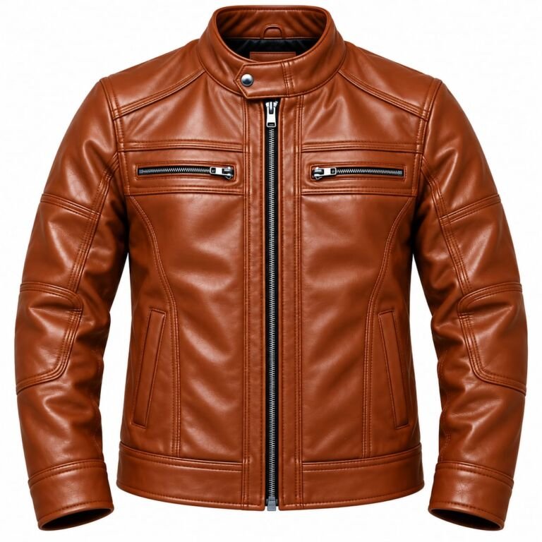 Men's brown leather jacket with stand collar, front zipper and multiple zip pockets