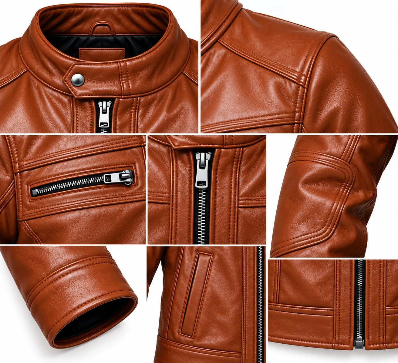 Men's brown leather jacket with stand collar, front zipper and multiple zip pockets