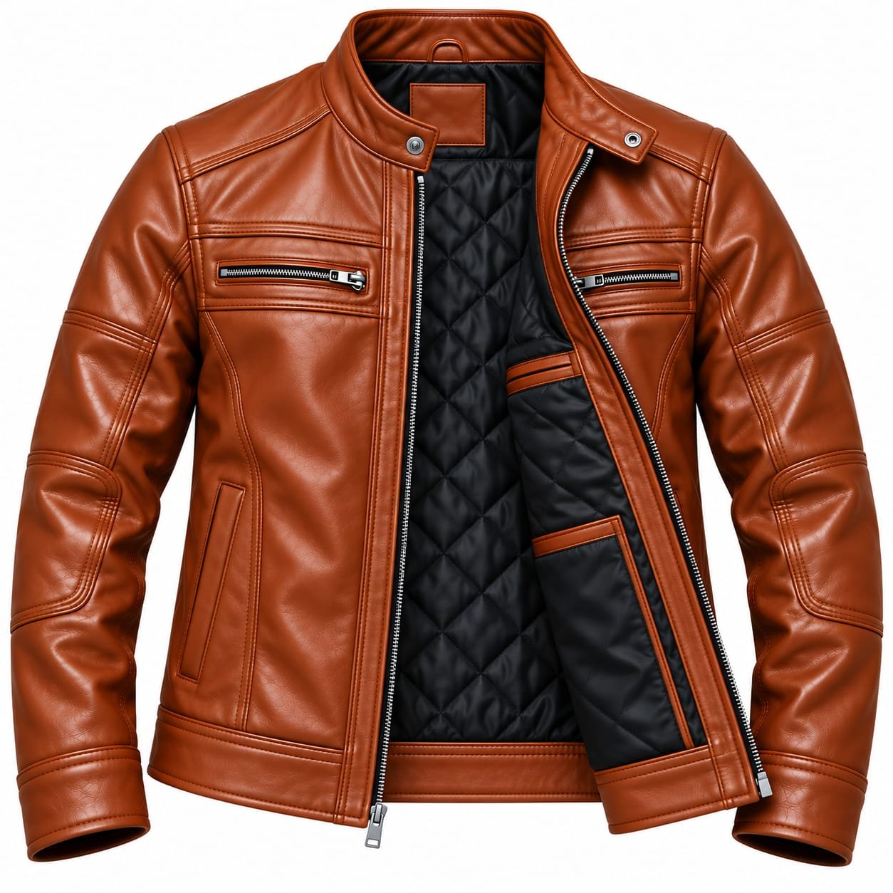 Men's brown leather jacket with stand collar, front zipper and multiple zip pockets