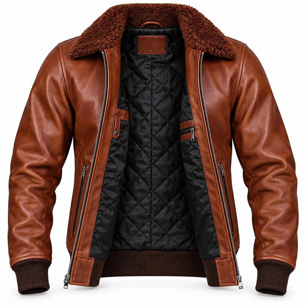 Men’s brown shearling leather bomber jacket with fur collar, ribbed cuffs and waistband, front zipper and zip pockets