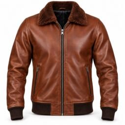 Men’s brown shearling leather bomber jacket with fur collar, ribbed cuffs and waistband, front zipper and zip pockets