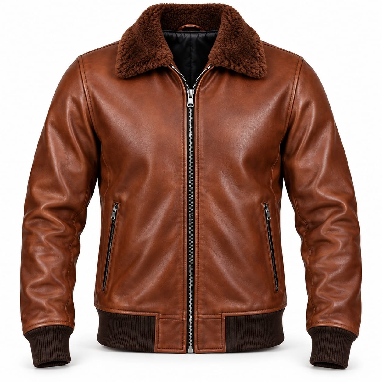 Men’s brown shearling leather bomber jacket with fur collar, ribbed cuffs and waistband, front zipper and zip pockets