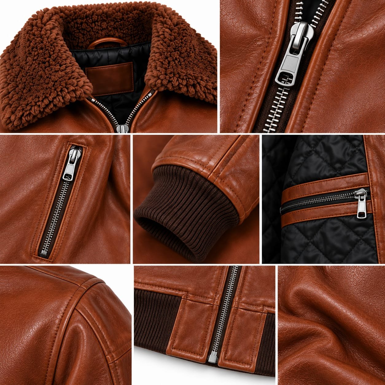 Men’s brown shearling leather bomber jacket with fur collar, ribbed cuffs and waistband, front zipper and zip pockets