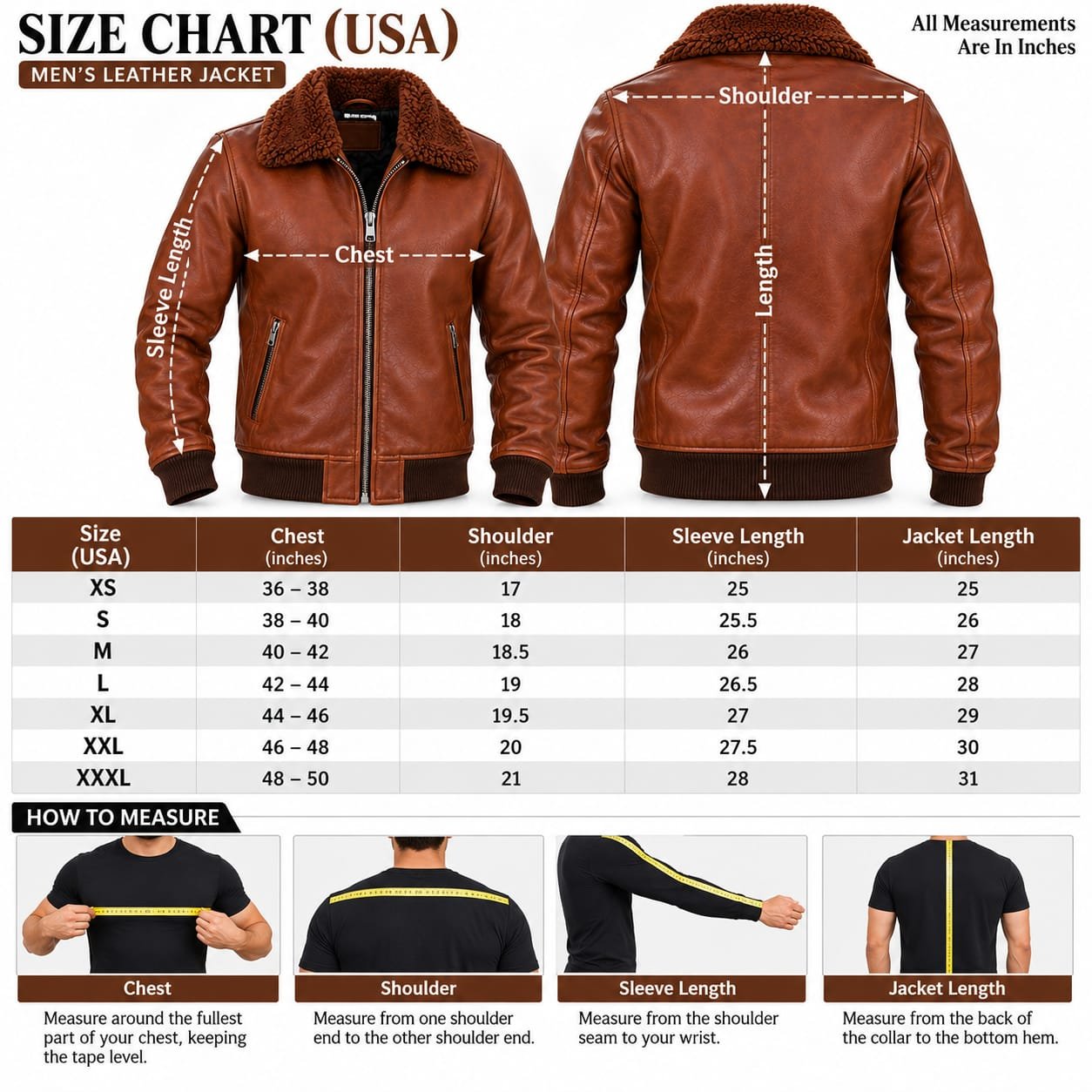 Men’s brown shearling leather bomber jacket with fur collar, ribbed cuffs and waistband, front zipper and zip pockets