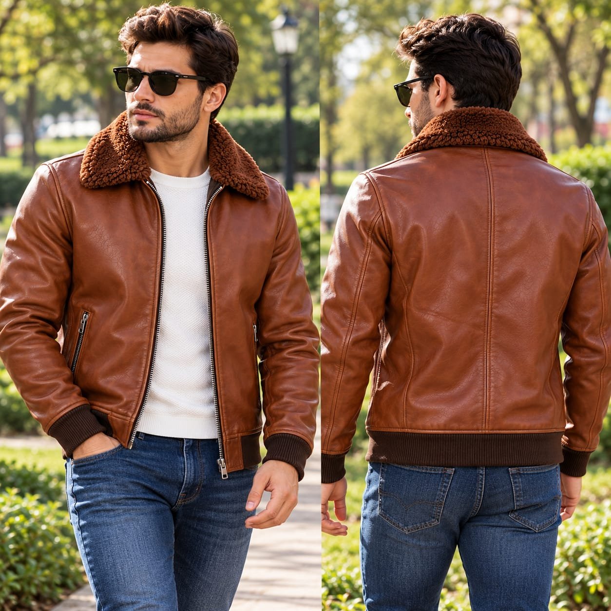 Men’s brown shearling leather bomber jacket with fur collar, ribbed cuffs and waistband, front zipper and zip pockets