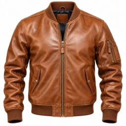 men's brown leather bomber jacket front view