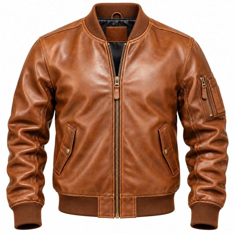 men's brown leather bomber jacket front view