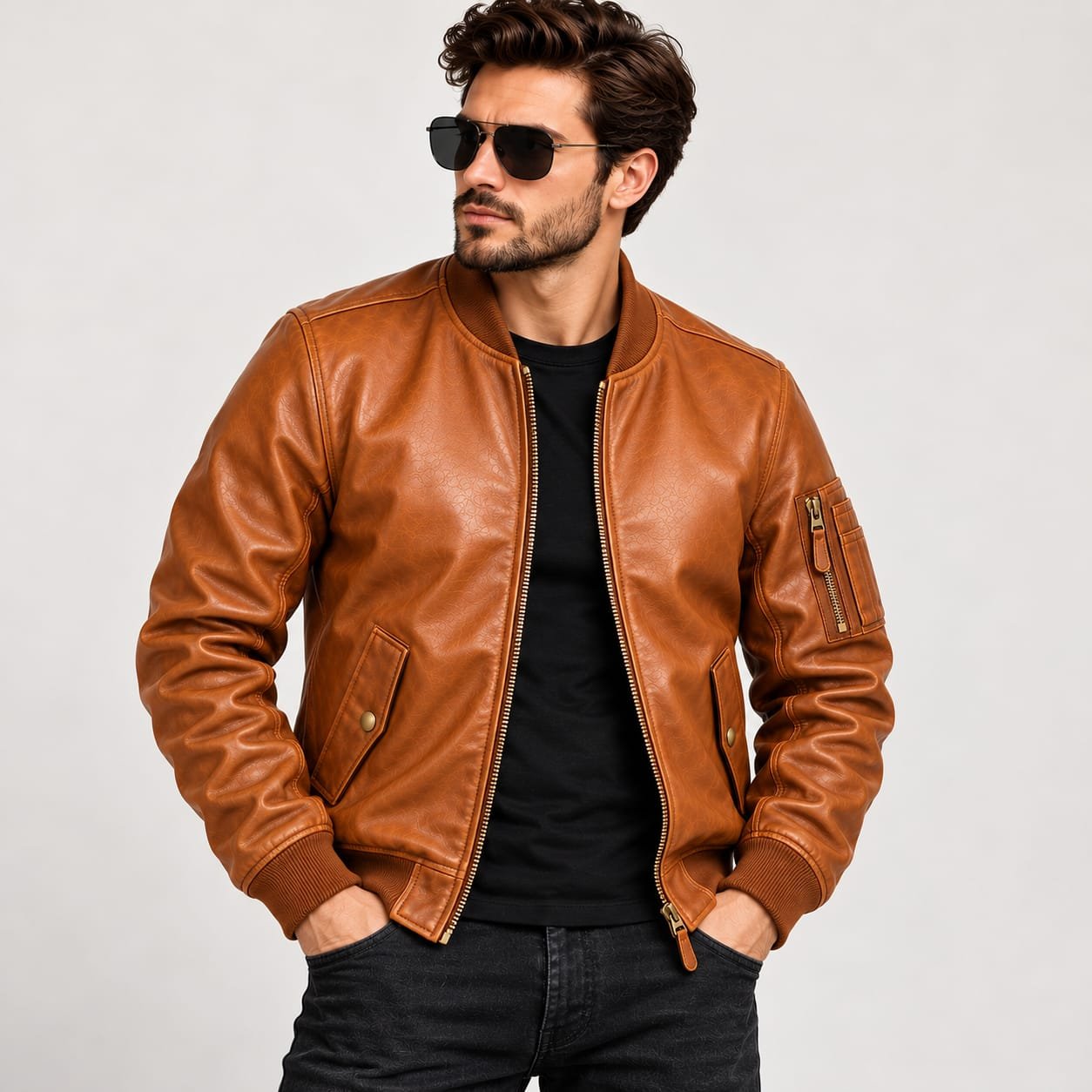 Men’s Brown Leather Bomber Jacket | Classic Ribbed Leather Jacket - Image 5